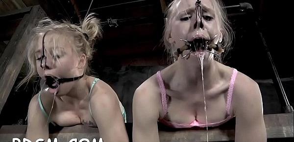  Gagged and fastened up gal gets her clits pleasured